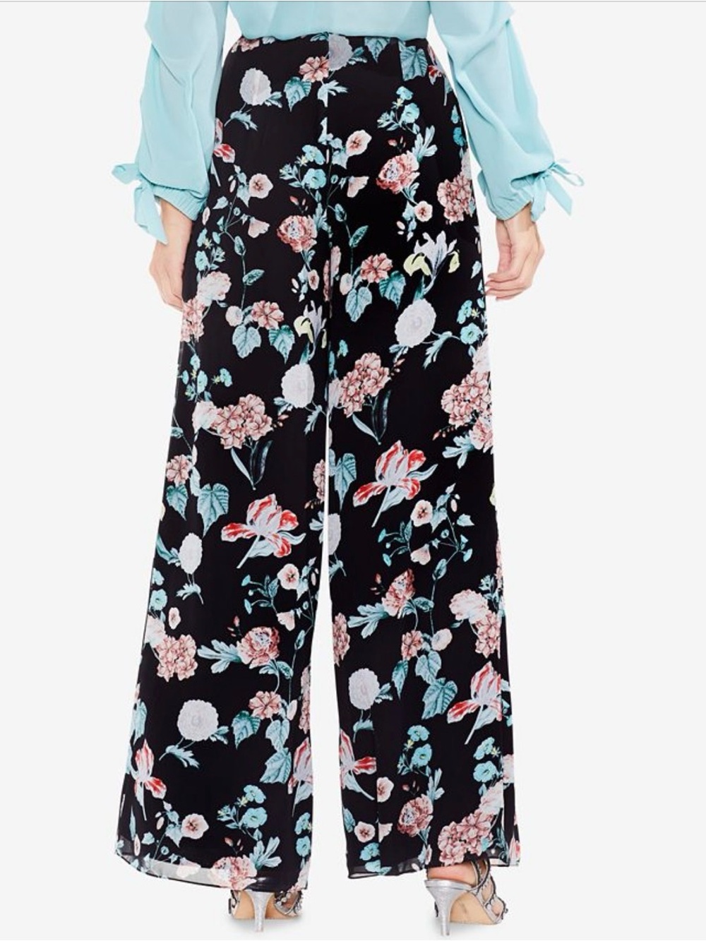 Vince Camuto Black Flowing Wide-Leg Pants with Teal and Peach Floral Print